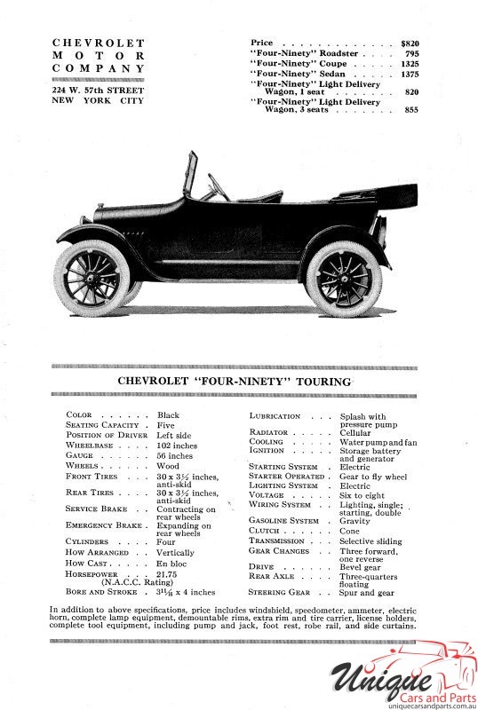 1921 Chevrolet Data Sheets